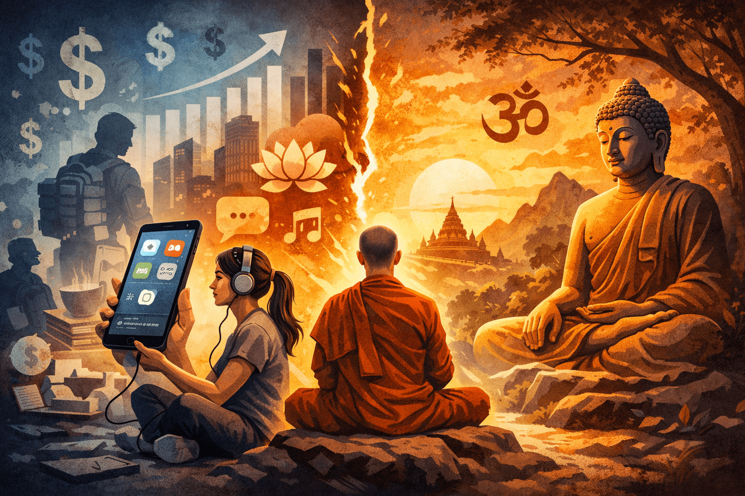 The future of the mindfulness industry, from the Buddha to modern meditation apps depicted