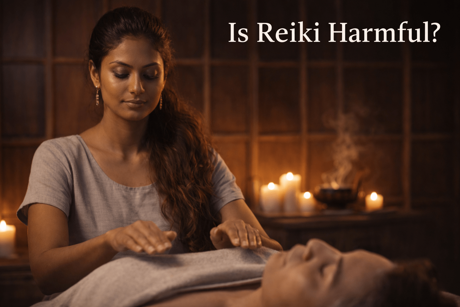 A woman giving a Reiki treatment to a client with the words 'Is Reiki Harmful?' as the title text for the article.
